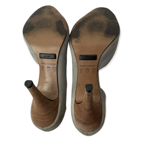 ELLUS Gray Suede Leather Peep Toe Stilleto D'Orsay Heels Size 8 Brown Heel a32 - Picture 8 of 8